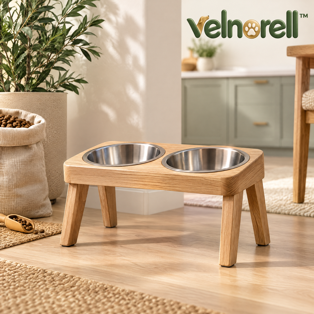 Velnorell™ OakRise Elevated Double Pet Bowl Stand