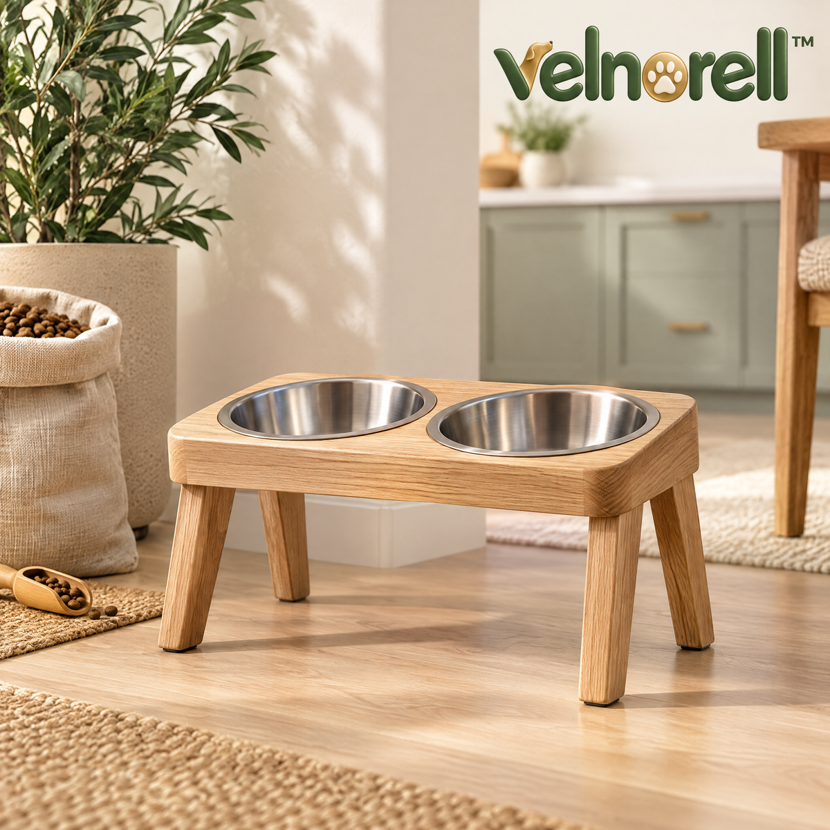 Velnorell™ OakRise Elevated Double Pet Bowl Stand