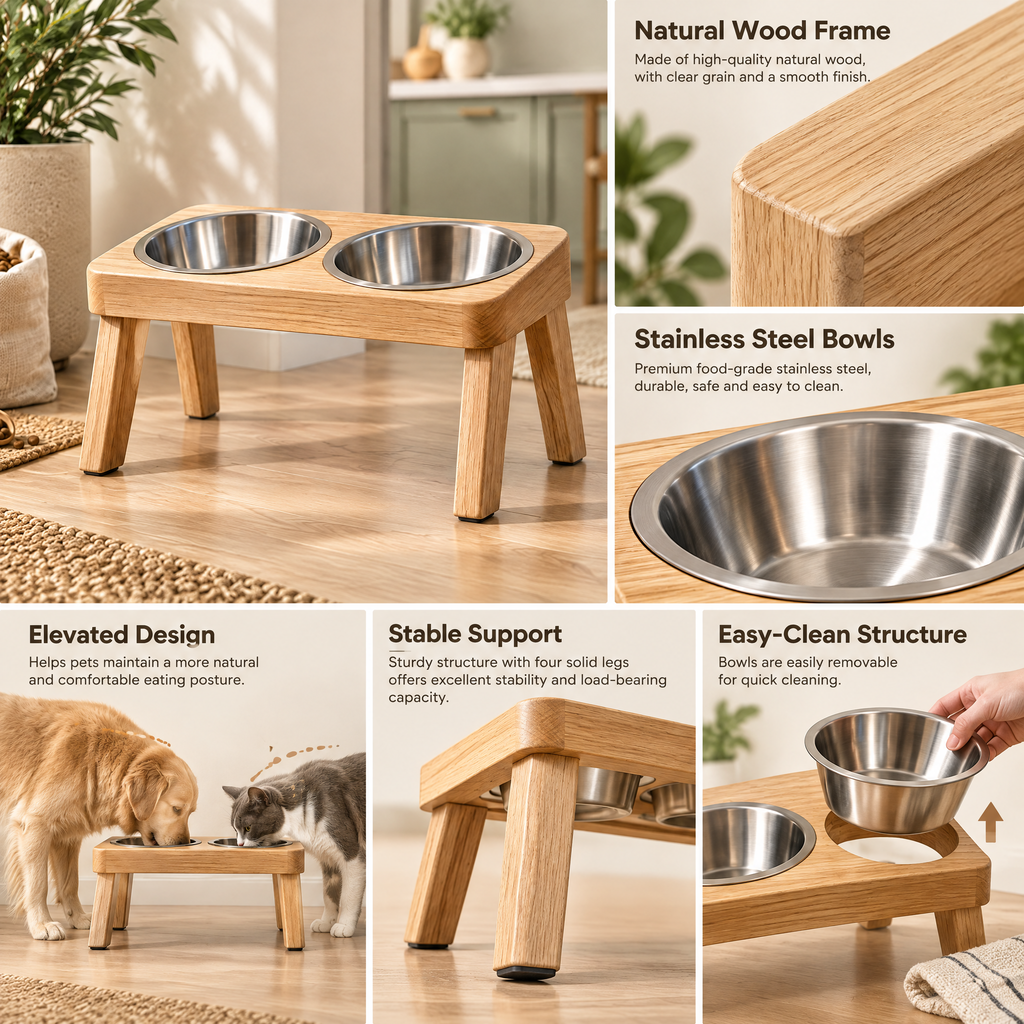 Velnorell™ OakRise Elevated Double Pet Bowl Stand