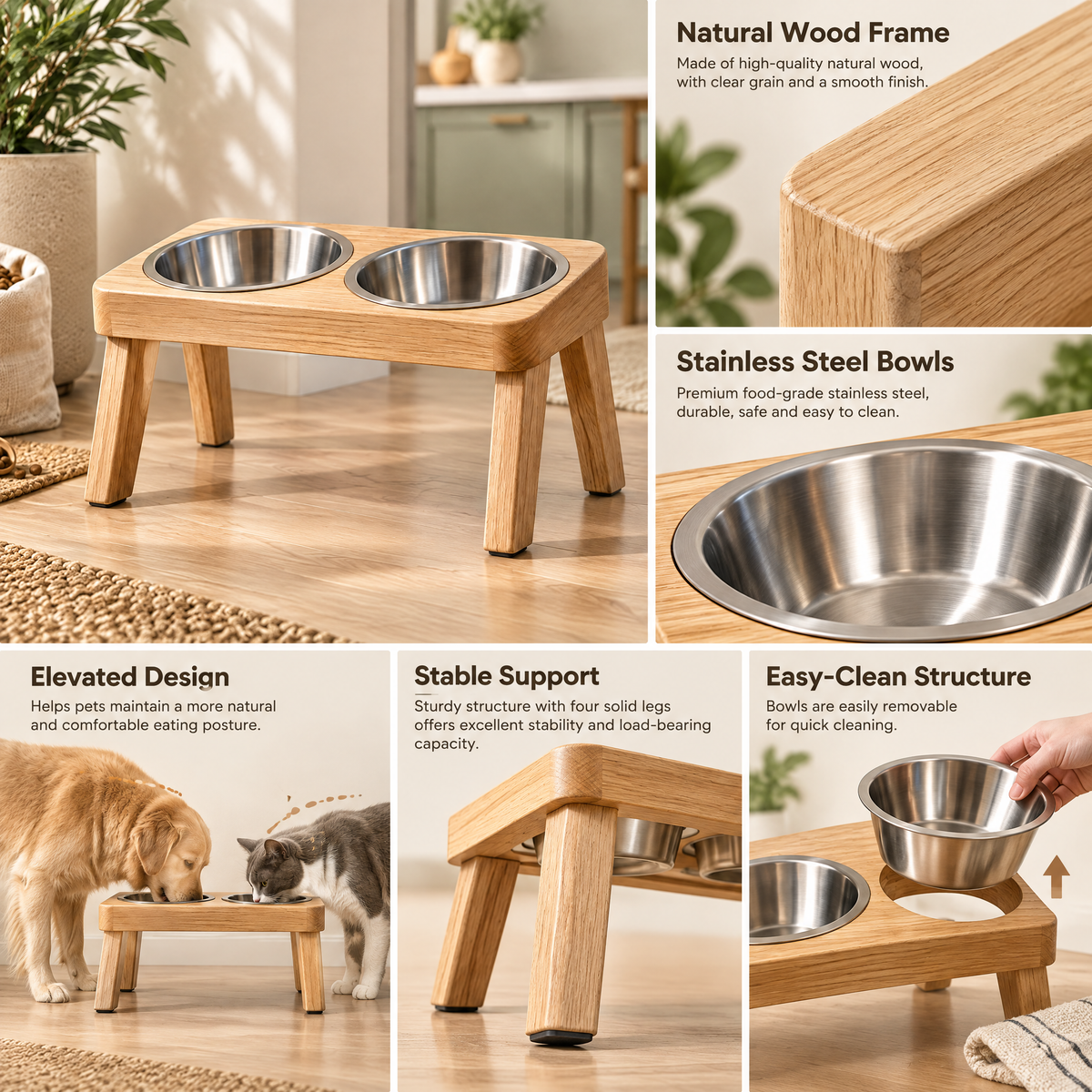 Velnorell™ OakRise Elevated Double Pet Bowl Stand