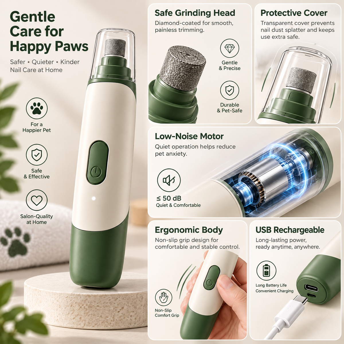 Velnorell™ QuietTrim Rechargeable Pet Nail Grinder
